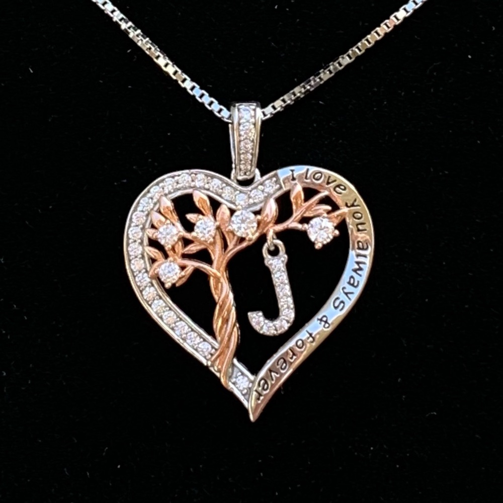 IEFRICH Sterling silver Tree of Life heart necklace w/ “J” charm